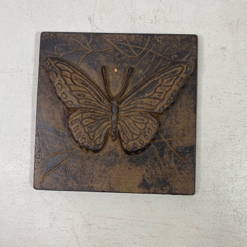 Cast Iron Butterfly Wall Tile Plaque Rustic Brown Garden Decor 6in